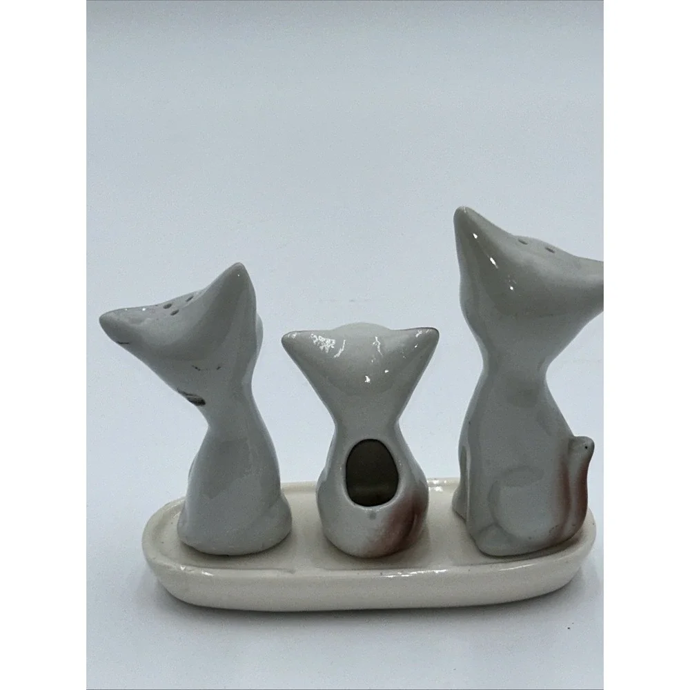 Vintage Anthropomorphic Ceramic Cat Family Salt & Pepper & Toothpick Holder Set